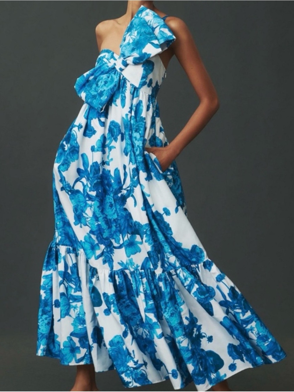Strapless Blue Floral Maxi Dress with Bow Accent